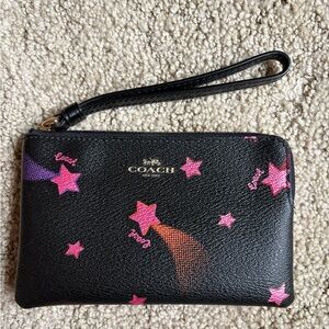 Like- New Coach Black Shooting Star Wristlet with Pink and Purple Star Accents
